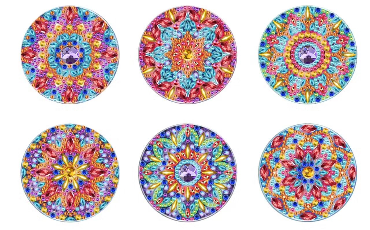 MeloMall Diamond Painting Coasters with Holder, 6 Pcs DIY Mandala Diamond Painting Coasters Kits, DIY Diamond Art Craft Supplies for Beginners, Adults & Kids Art Craft Supplies for Birthday