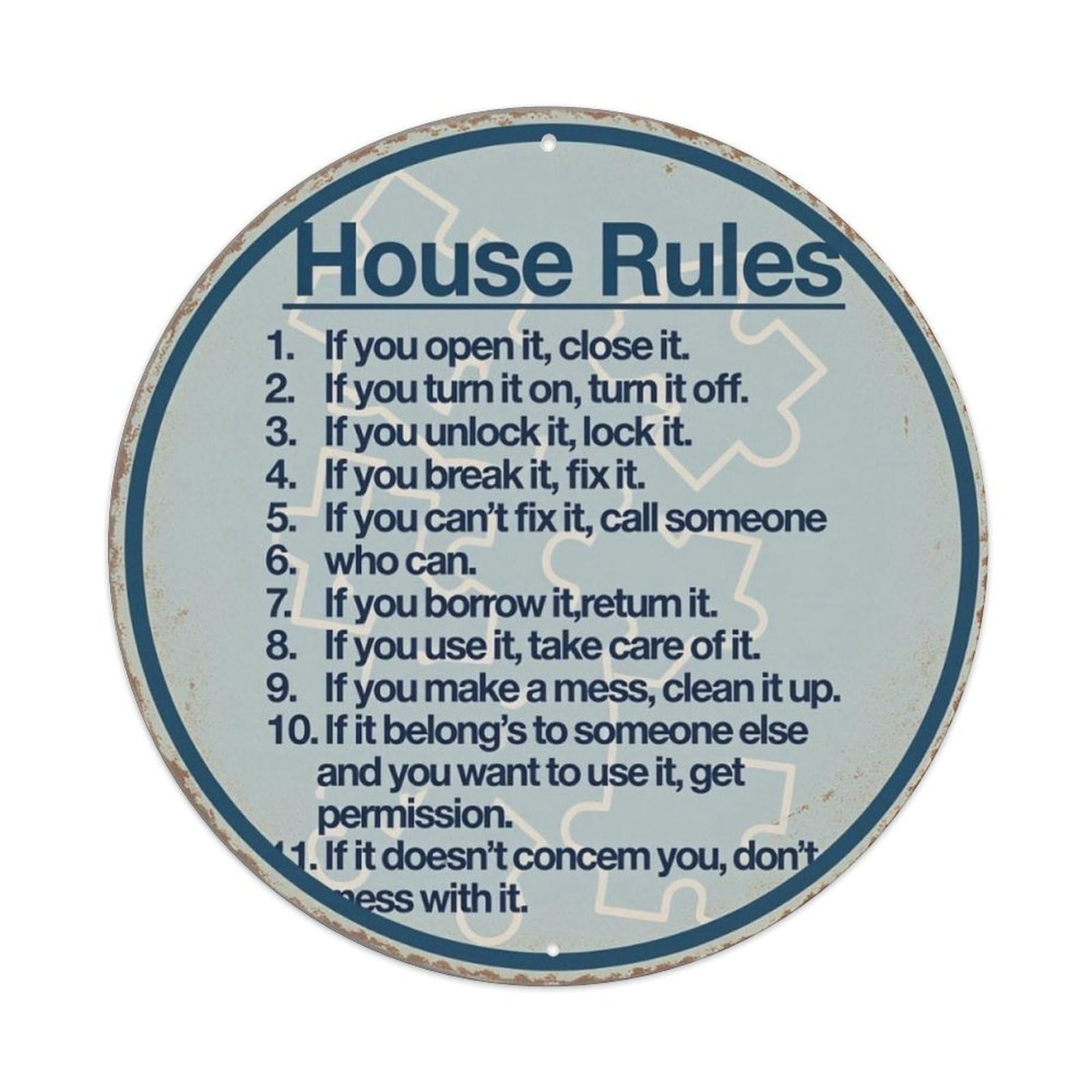 Vintage House Rules Puzzle Background Round Decor Sign Vintage Aluminium Metal Sign, Retro Wall Decor for Home, Bar, Garage & Farmhouse 20x20cm