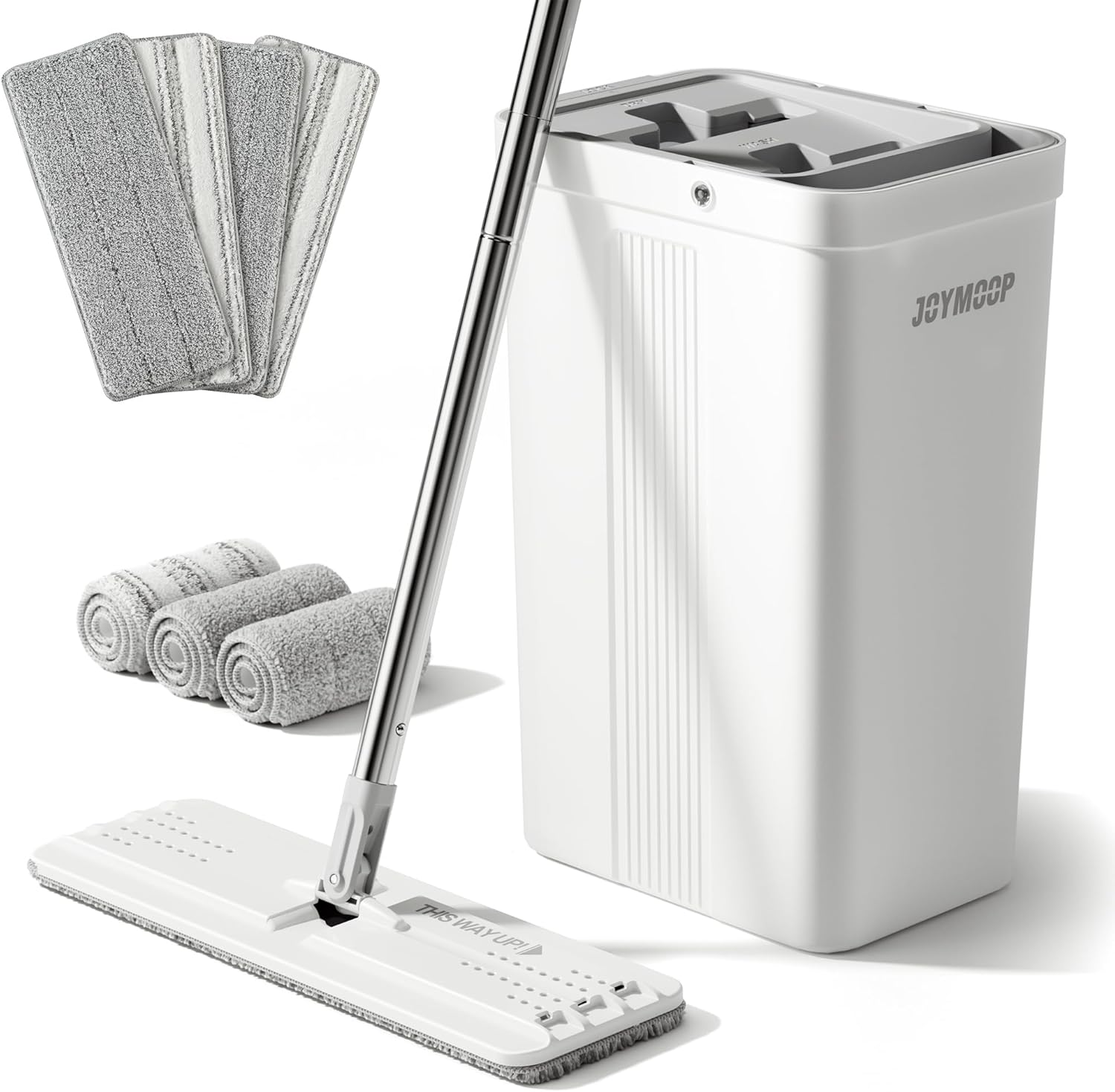 JOYMOOP Mop and Bucket with Wringer Set with 50" Mop Handle with Flexible 13" Flat Head with 7pcs Microfiber Mop Pads - White
