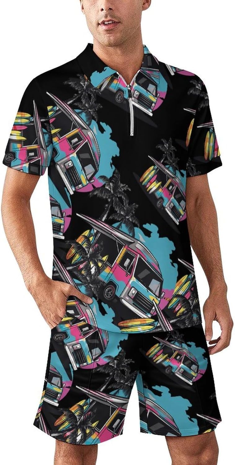 Colorful Truck And Surfboard Mens Polo Shirts Track Suits 2 Piece Short Sleeve Sweatsuit 1/4 Zip Golf Loungewear for Sports