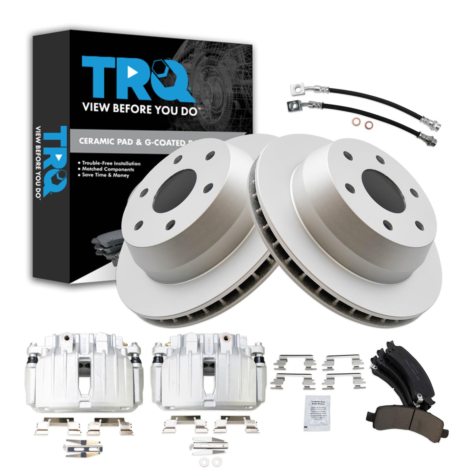 TRQ Rear Brake Pad and Rotor Set Ceramic G Coated Rotors Calipers Compatible with 2002 Chevrolet Avalanche 1500 Suburban 1500 Tahoe GMC Yukon Yukon XL 1500