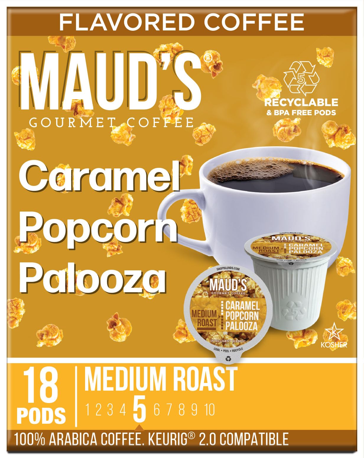 Maud's Caramel Popcorn Flavored Coffee Pods, 18 ct, Medium Roast Flavored Coffee in Recyclable Single Serve Pods – 100% Arabica Beans, Compatible with Keurig K Cups Maker