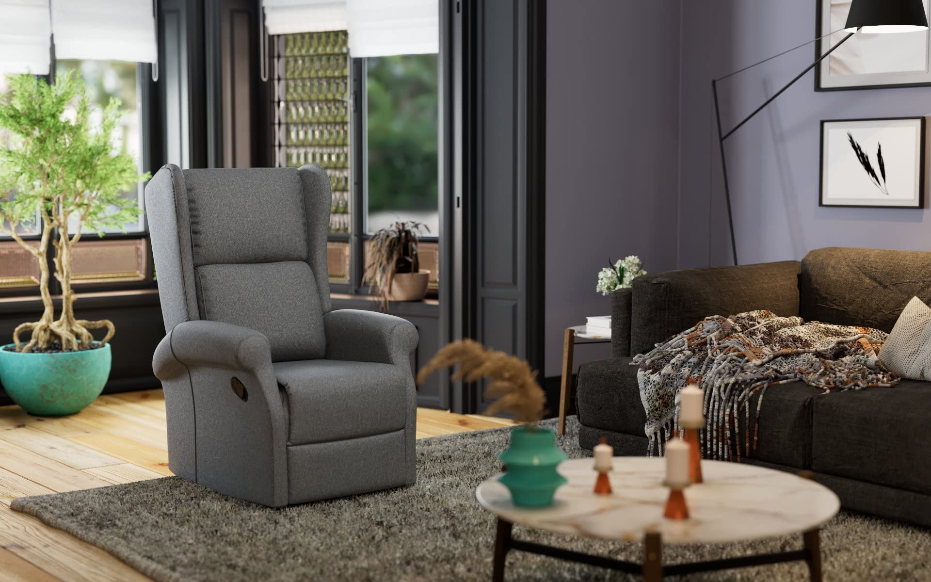 Totò Piccinni Poltrona BARCELLONA Relax Reclinabile con Poggiapiedi Imbottita Confortevole (Tessuto Grigio, Manuale)
