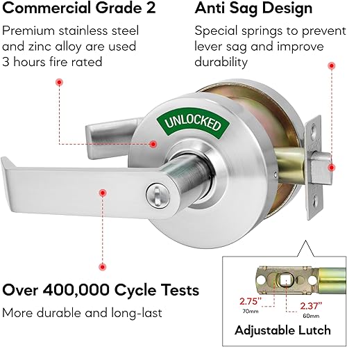 Miniatura 26 de VIZILOK Cerradura de puerta comercial para privacidad del baño, indicador ocupado vacante de alta resistencia en cromo satinado, grado ANSi 2
