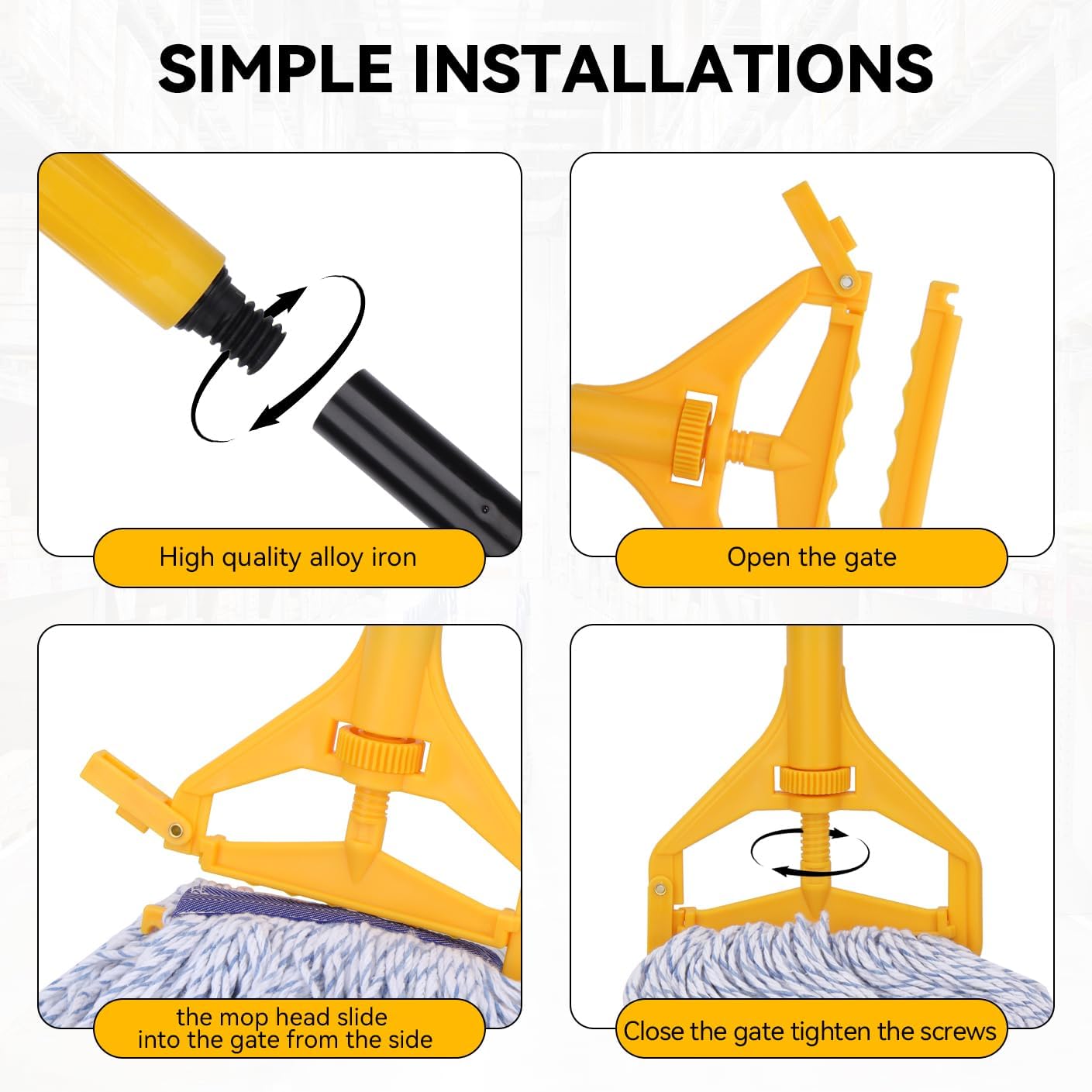 Commercial Heavy Duty Mop Heads Replacement for Rubbermaid with Long Handle - 6 Packs Industrial Wet Mop Head with Handle for Floor Cleaning - Commercial Products Looped End String Head Refills