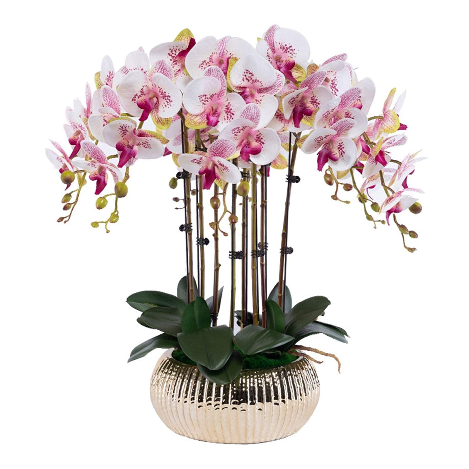 MYUYEE Artificial Flower In Pot Artificial Flowers Orchid,Fake Phalaenopsis Orchid Floral Arrangement With Golden Vase,10 Branches Orchids Bonsai For Home//Wedding Party Table C(Pink)