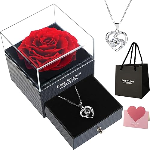 Lafloraita Rosa real roja preservada con collar de corazón de cristal, regalos románticos, cajas de joyería con collar