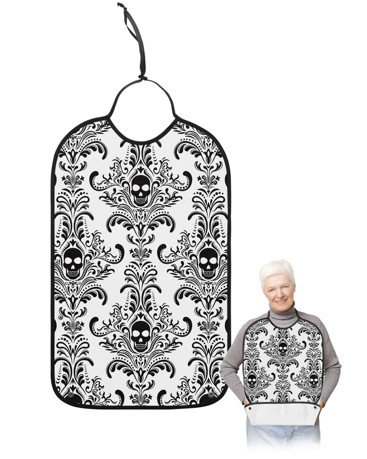Halloween Adult Bibs for Eating, Waterproof Bibs with Food Catcher & Adjustable Snap Closure, Black Skull Modern Abstract Art White Washable Clothing Protectors Adult Bibs for Elderly Women/Men