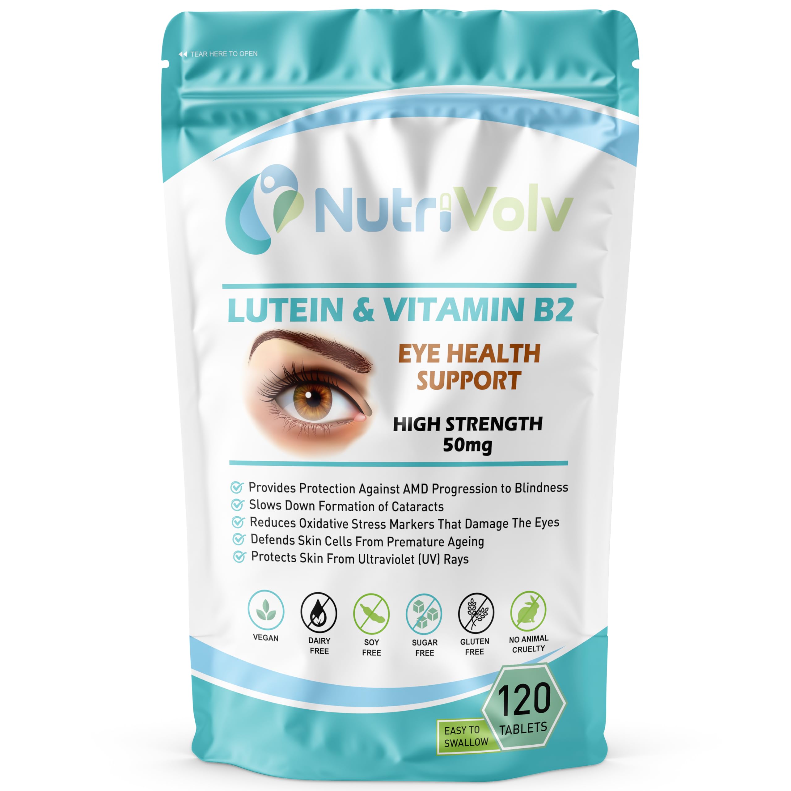 Pure Eye Support Tablets with Lutein and Vitamin B2 — 50mg Easy to Swallow Pills for Better Vision and Eyecare — Pack of 120 Vegan Eye Supplements for Men and Women