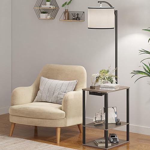 Miniatura 9 de SUNMORY Lámpara de pie con mesa, mesa auxiliar para sala de estar con lámpara, mesa auxiliar con estantes con estación de carga (puerto USB y CA),