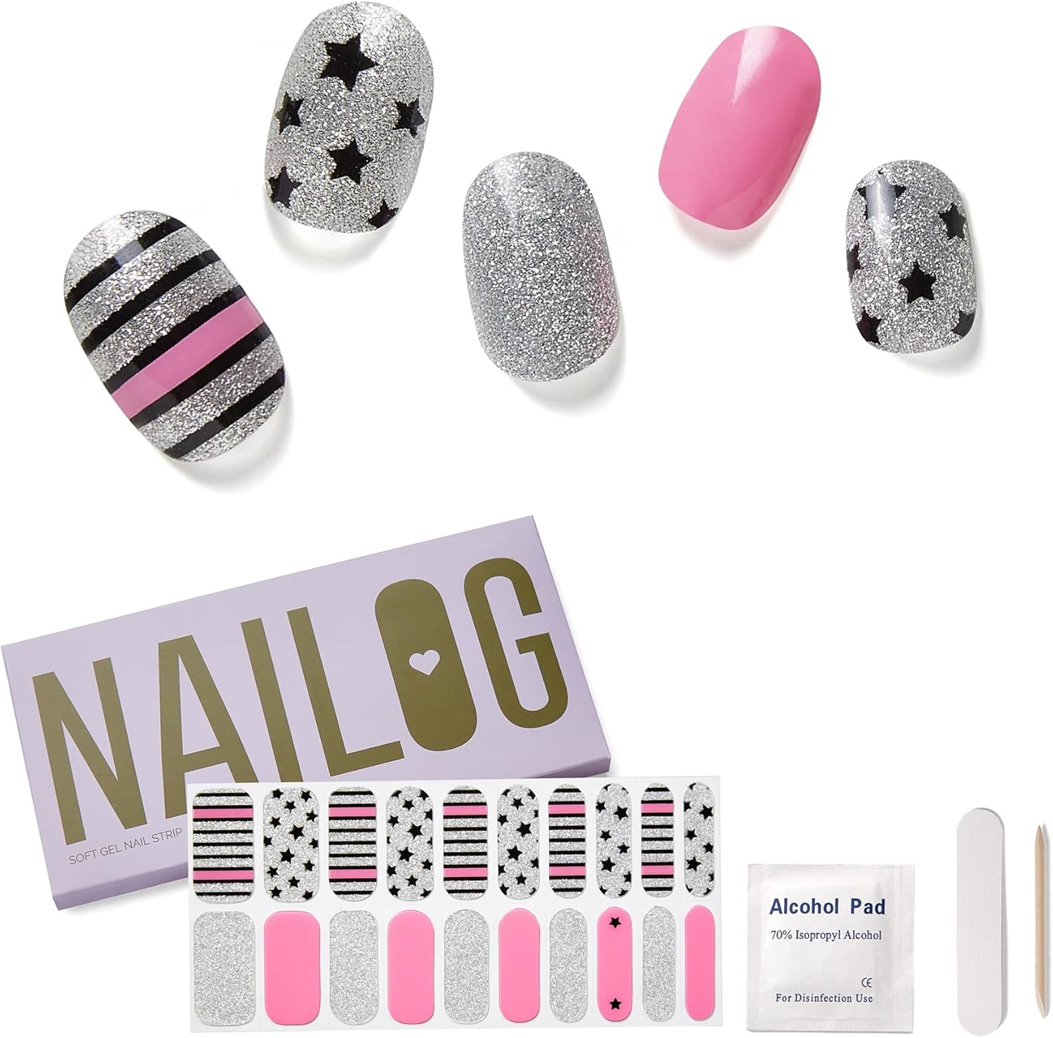NAILOG Semi Cured Gel Strips (20 Extra Long Stickers), UV/Led Lamp Glossy & Long Lasting Soft Gel Finish Wrap, A Rock Song