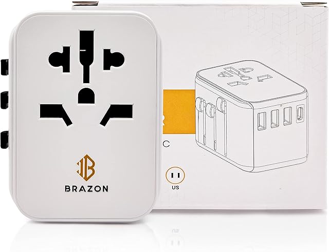 Brazon Worldwide Travel Adapter, All In One Universal Power Adaptor UK, EU, USA, AU 150+ Countries with USB C Charger & USB Plug Ports
