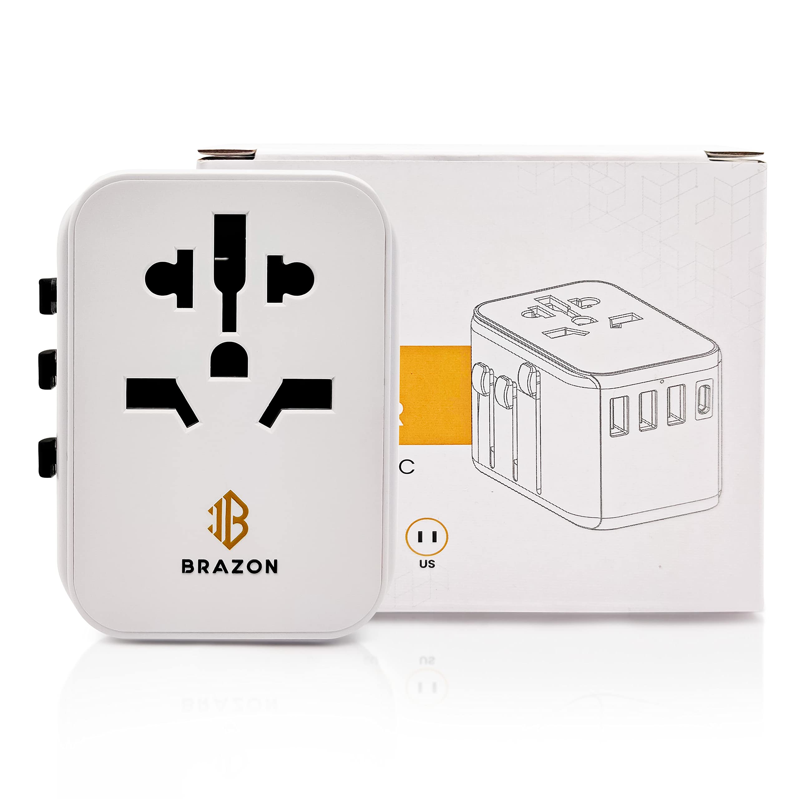Brazon Worldwide Travel Adapter, All In One Universal Power Adaptor UK, EU, USA, AU 150+ Countries with USB C Charger & USB Plug Ports