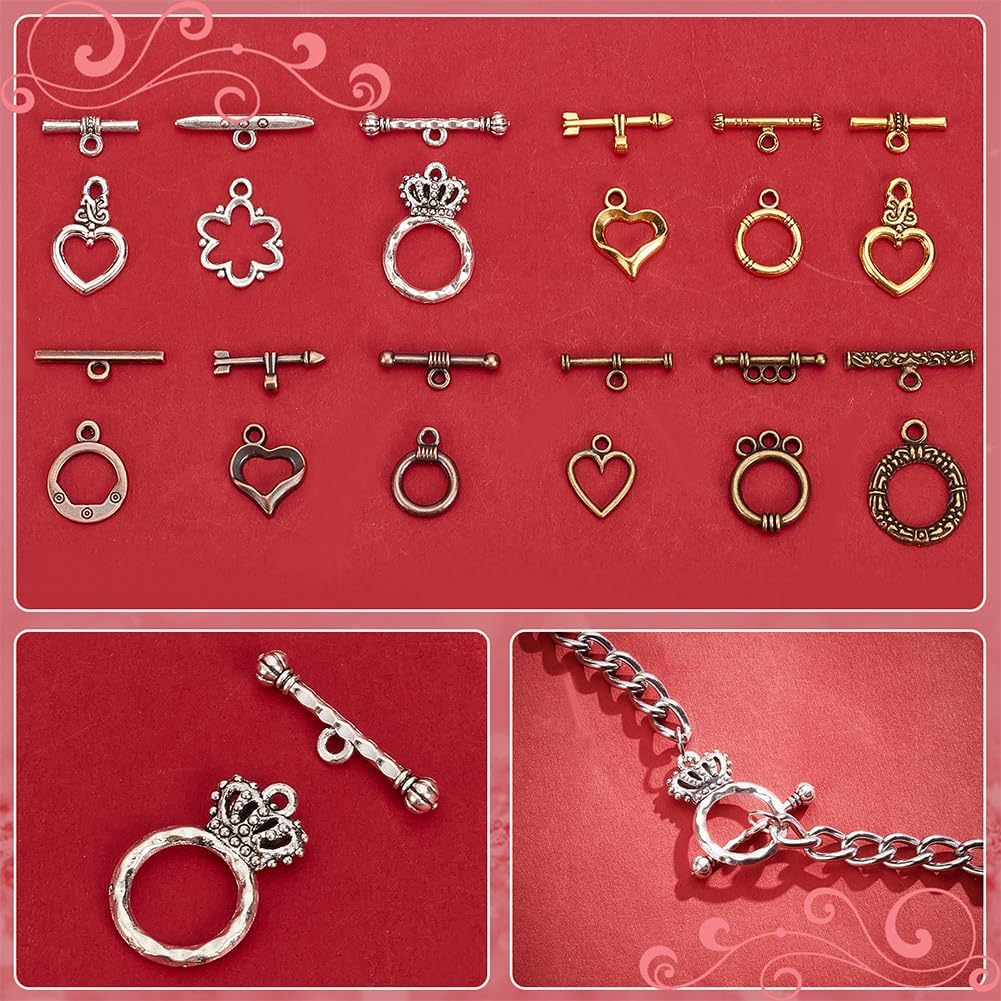 PH PandaHall 120 Sets Toggle Clasps, 12 Styles Jewelry Closure Clasp Ring Tibetan Style Clasps Fastener Hook Toggle Connectors TBar End Clasp for Necklace Bracelet Jewelry Making, 4 Colors
