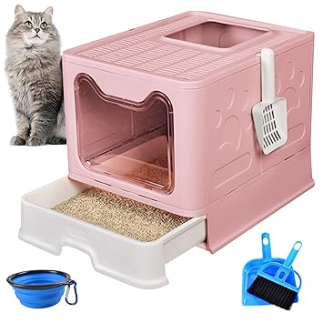 PINVNBY Large Foldable Cat Litter Box with Drawer Enclosed Cat Potty Tray with Lid Top Entry Toilet Anti-Splashing Cat Supplies with Plastic Scoop Easy Clean No Smell Kitty Toilet(Pink)