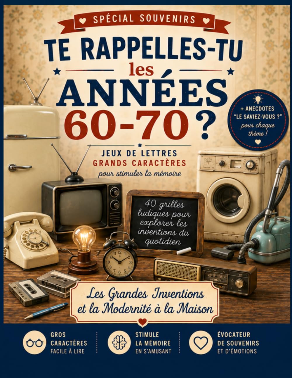 Te rappelles-tu les années 60-70 ? Les grandes inventions et la modernité à la maison: Mots mélangés, mots croisés, jeux de lettres en grands caractères, quiz et anagrammes pour stimuler la mémoire