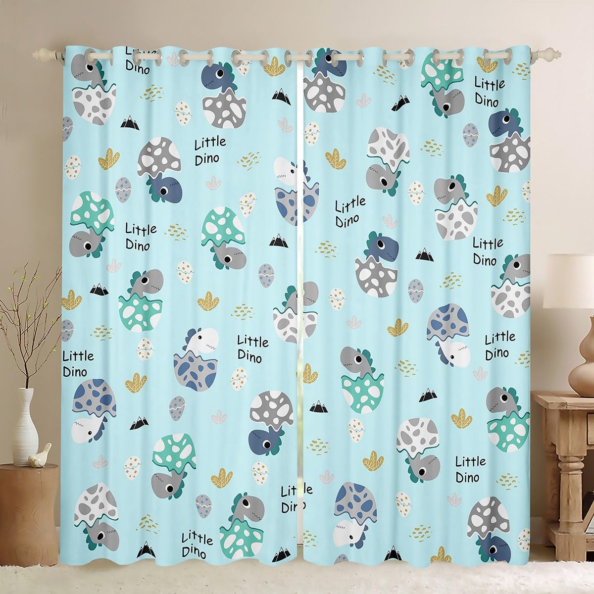 Homemissing Happy Dinosaurs Darkening Dreapes Dino Darkening Dreapes for Kids Toddler Dinosaur Egg Window Curtains Blue Jungle Dino Window Treatments Wild Animal Curtains (2 Panels,W46*L54)