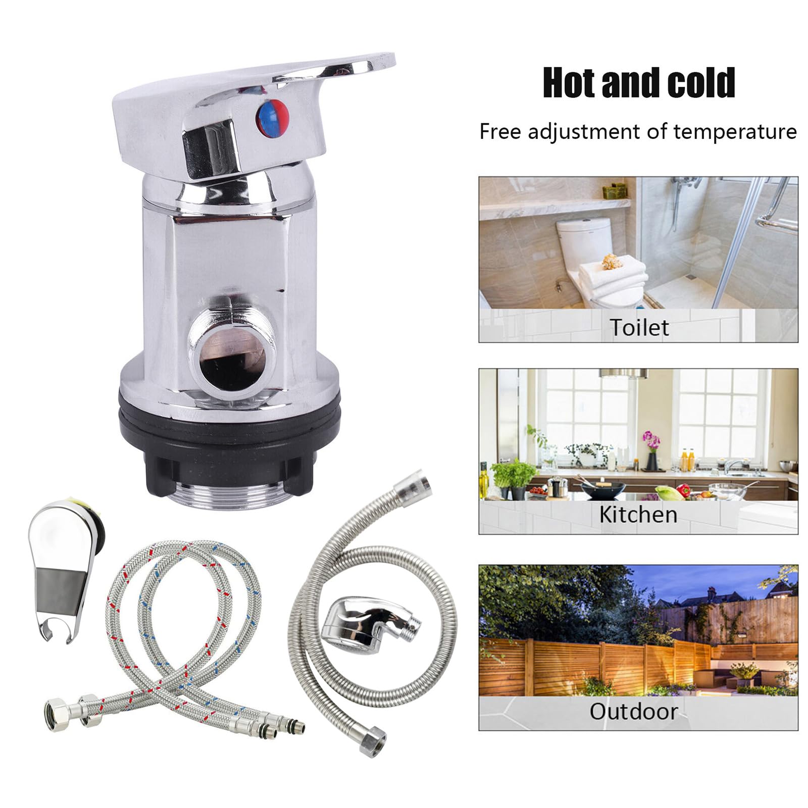 Robinet mitigeur de douche sortie 1/2 pouce avec tuyaux d'entrée et de sortie de 80 cm + kit de pulvérisation pour camping-cars, motorhomes, fourgons aménagés