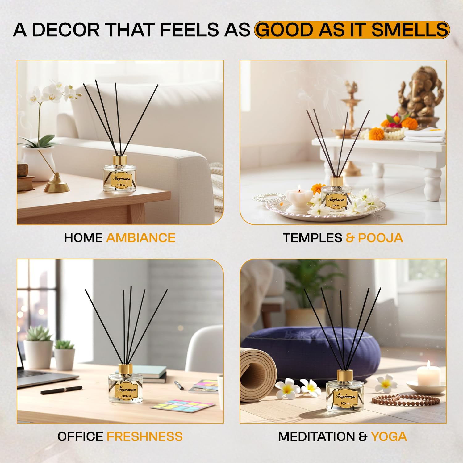 Welburn Veda&Co® Nagchampa Scented Reed Diffuser – 100ml | Long Lasting Aromatic Fragrance for Home Office Living Room Bedroom | Spiritual Air Freshener Decor | 6 Free Reeds | Ready-to-Use Oil Blend 2