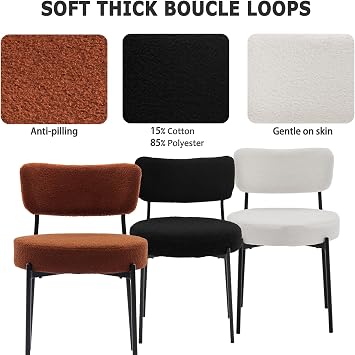 Boucle Dining Chair Set of 2, Mid Century Modern Upholstered Kitchen Chairs with Curved Backrest & Black Metal Legs, Round Dining Room Chairs, Black
