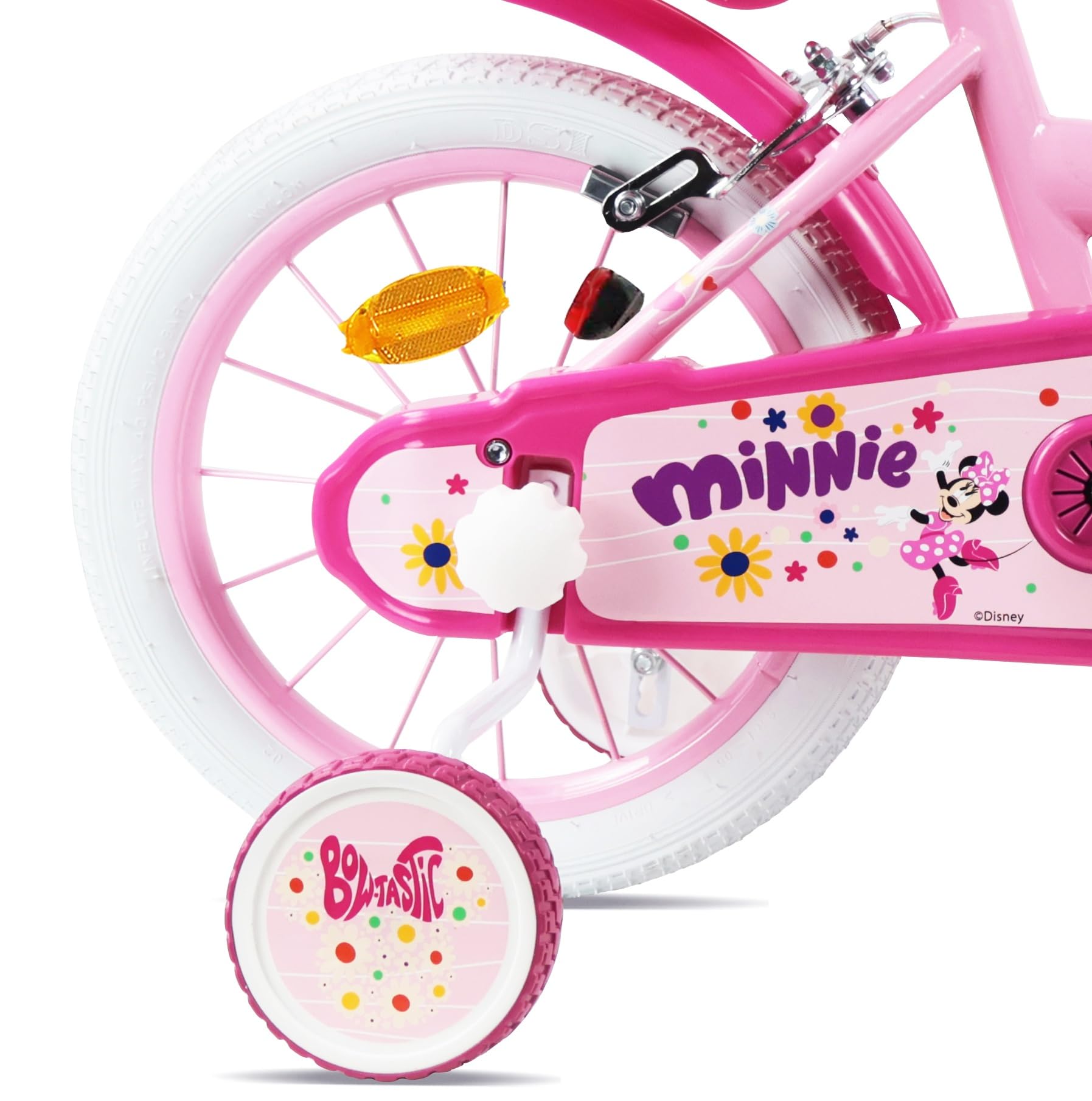 Vélo 14'' Fille Licence Minnie de Disney - 2 Freins Caliper - Pneus Gonflables - Panier Avant - Porte-poupée arrière - Garde-Boue et 2 Stabilisateurs, Rose