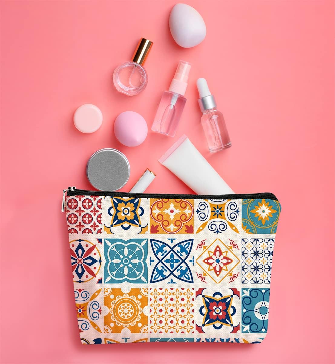 Retro Portuguese Talavera Tiles Makeup Bag,Mandala Vintage Flowers Cosmetic Bag Best Gift Idea for Sister Girls Girlfriend Wife Mom,Birthday Christmas Valentine's Day Gift Makeup Bag image 3