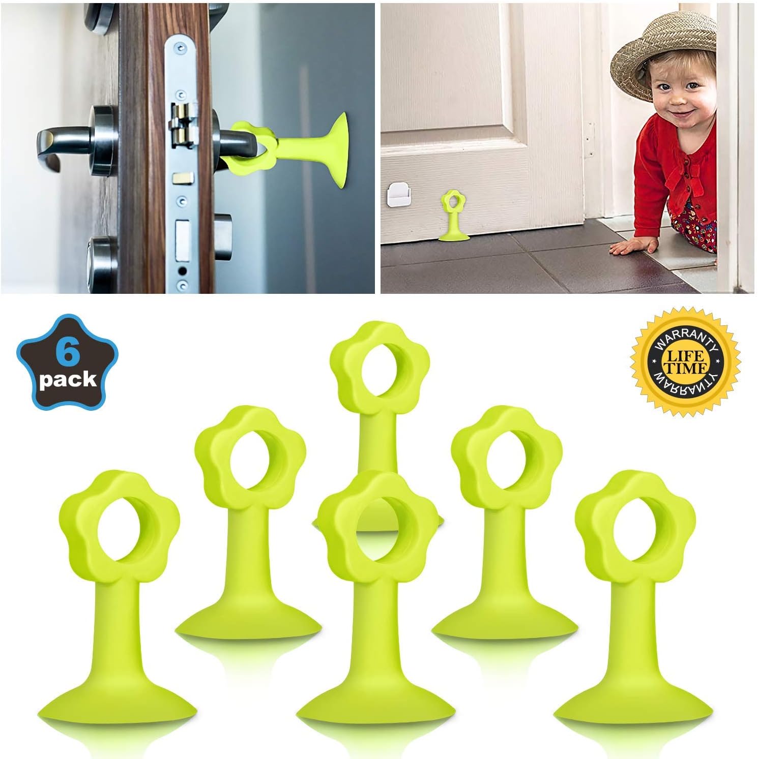 Rubber Door Stopper, Rubber Removable Door Handle Bumper Guard Stopper Wall Shield Protector for Door Handle Easy Install Anti-Collision Silicone, Noise Damping and Eco-Friendly 6 Pack (Green)