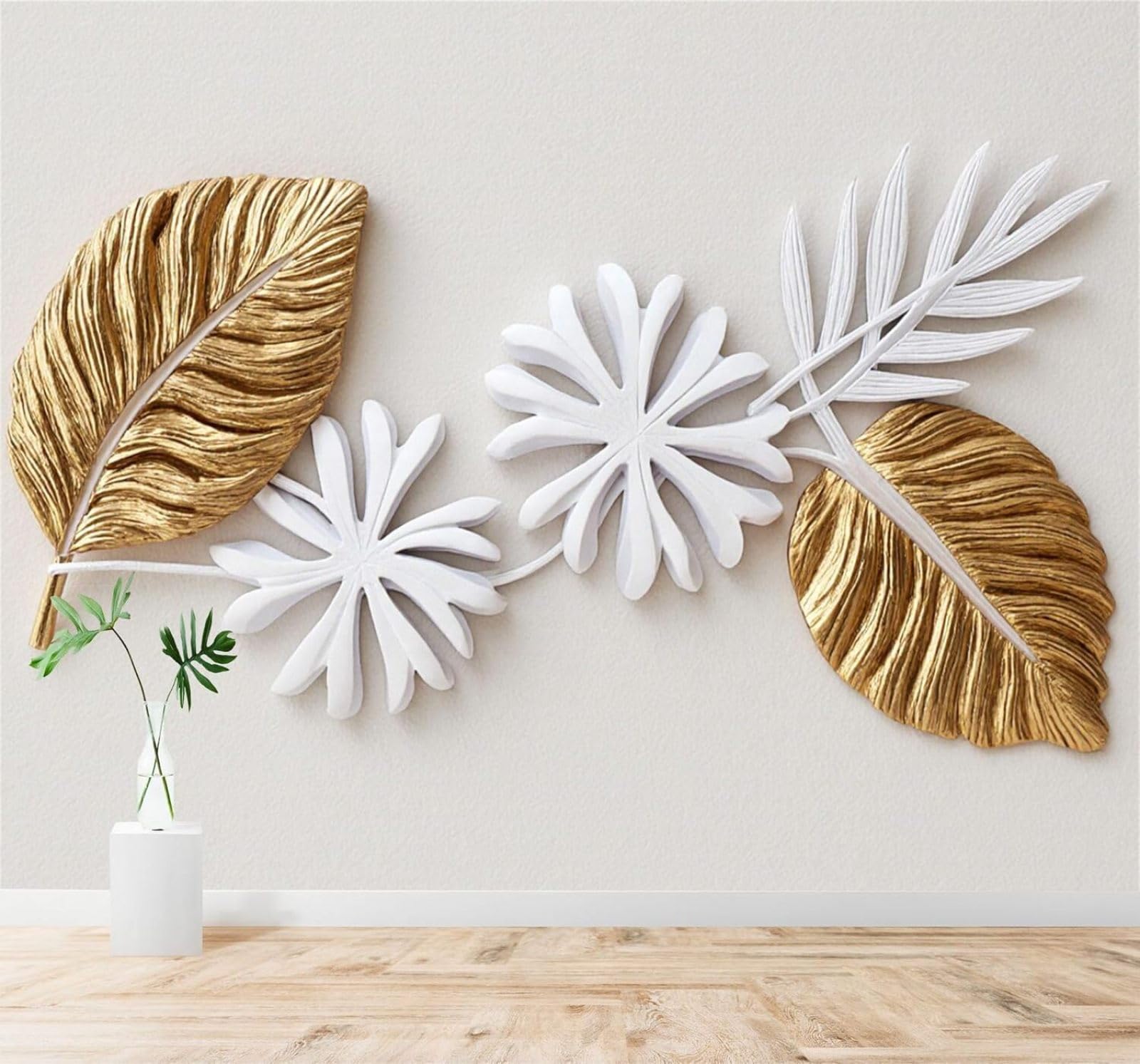 XLMING Minimalist Three Dimensional Gold Leaves White Flowers Art 3D Wallpaper Silky Texture Home Study Office Grey Dining Room Sofa Bedroom Living Room TV Backdrop-250cm×170cm