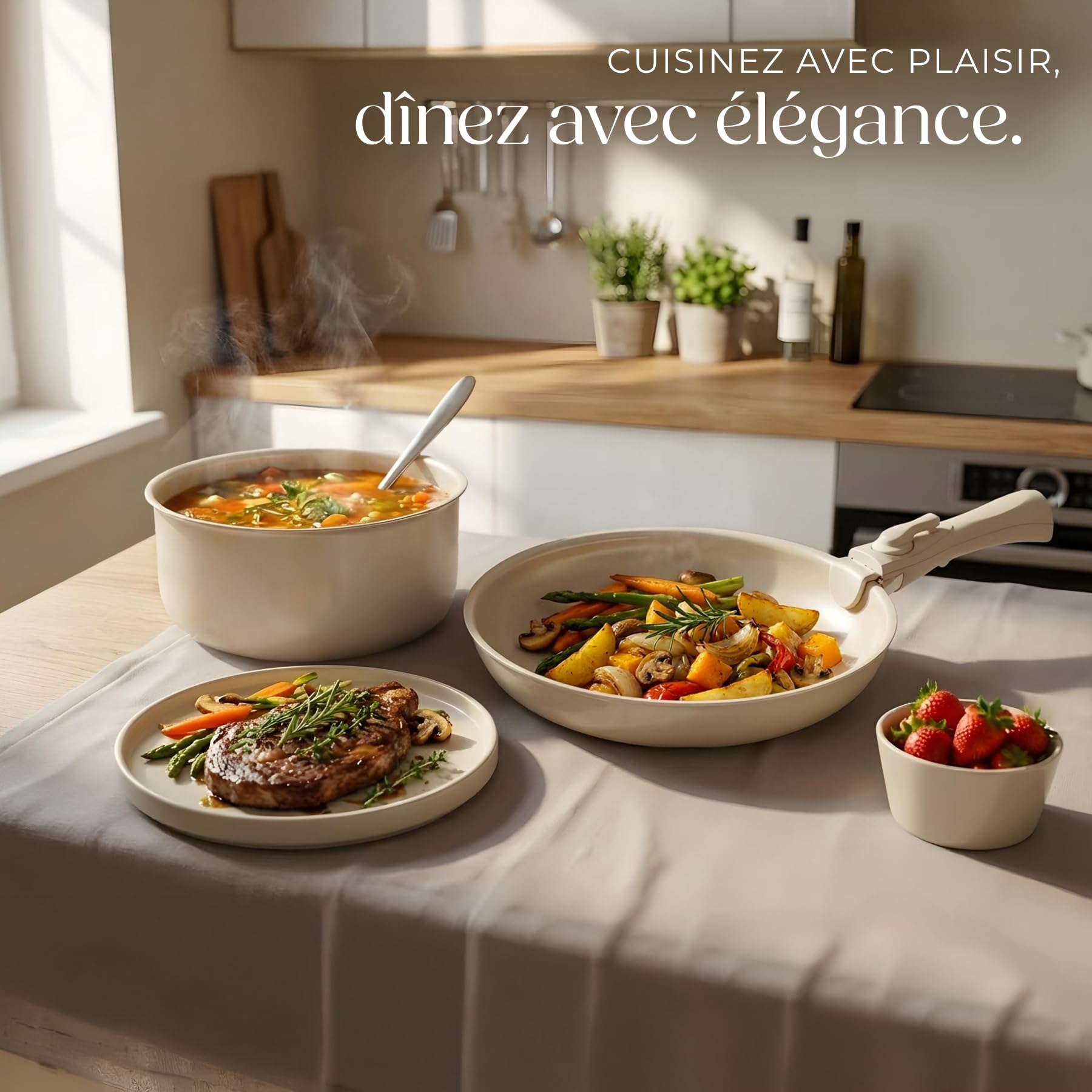 tectake® Set de cuisine 40 pièces, Service de table 6 personnes et Batterie de cuisine, Poêles Casseroles, Service vaisselle, Assiettes plates Assiettes creuses, Bol, Spatule Louche, Vaisselle en grès