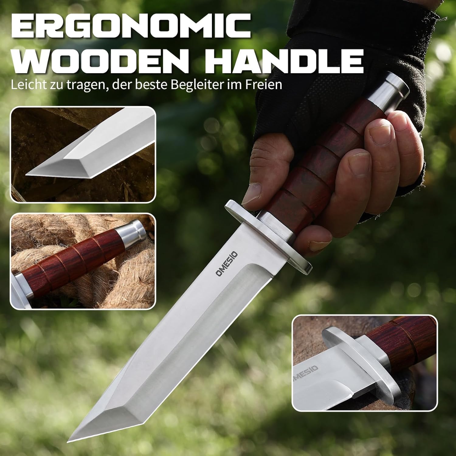 Omesio Coltello Da Caccia, Lama In Acciaio Inossidabile 5cr14mov Da 15,5 Cm, Manico in Legno E Fodero in Pelle. Coltello Da Sopravvivenza Adatto al Campeggio E Alla Sopravvivenza Nella Giungla
