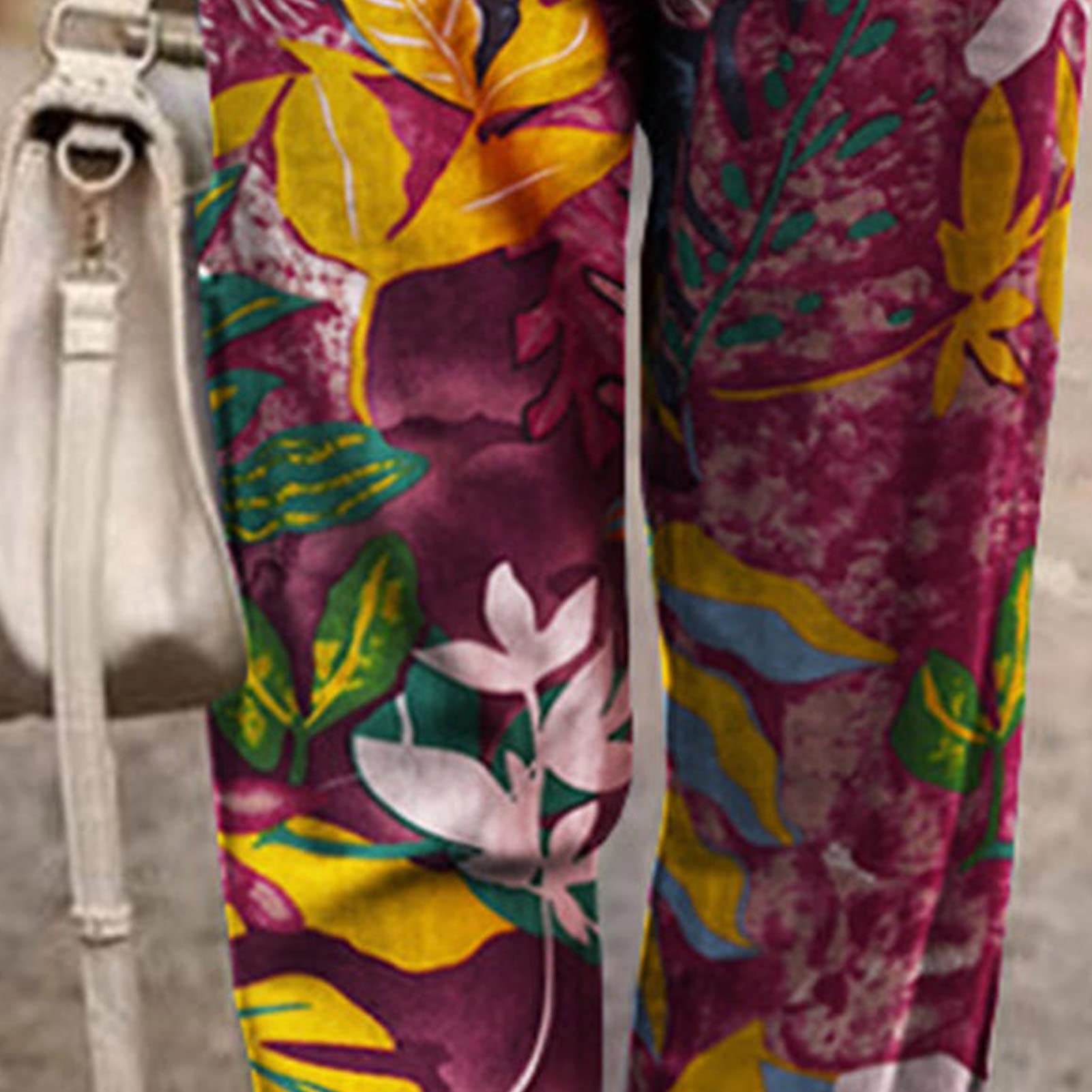 Maiyifu-GJ Women Floral Print Linen Belted Pants Elastic High Waist Printed Hippie Trousers Casual Beach Wide Leg Lounge Pant (Color,4X-Large)