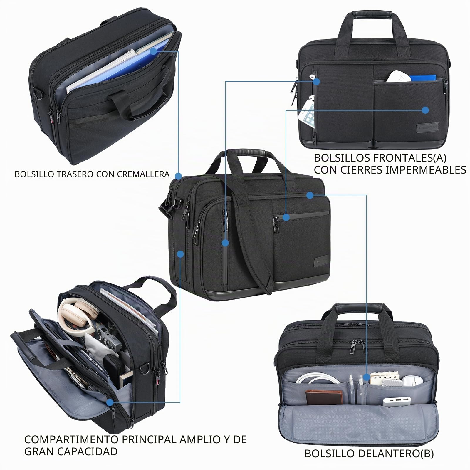 VANKEAN - Maletín para ordenador portátil de 17,3 pulgadas, para hombre y mujer, bolso bandolera, portátil repelente al agua con bolsillo RFID, bolsa de mensajero extensible