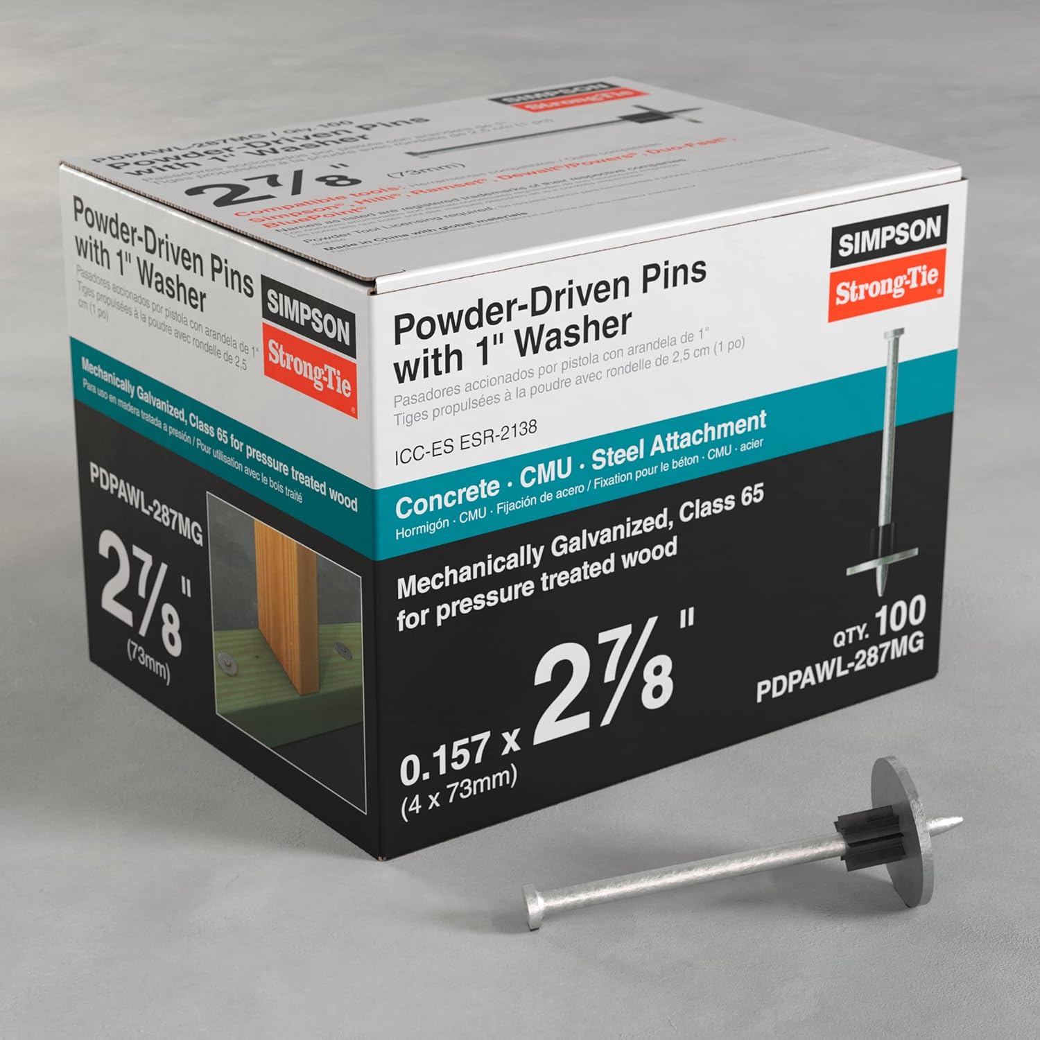 Simpson Strong-Tie PDPAWL-287MG PDPAWL.157 in. x 2-7/8 in. Mechanically Galvanized Powder-Actuated Pin w/ 1 in. Washer (100-Qty) (Pack of 10)