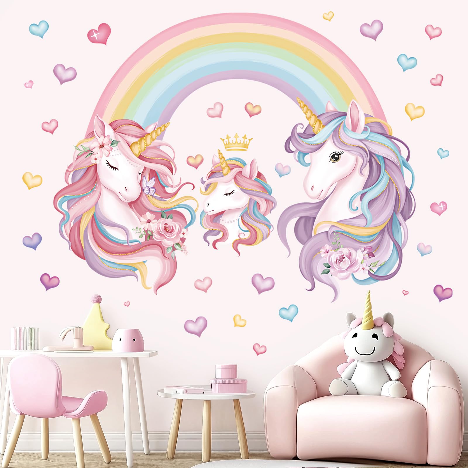 decalmile Unicorn Rainbow Wall Decals Baby Unicorn Hearts Wall Stickers Daycare Girls Bedroom Baby Nursery Wall Decor