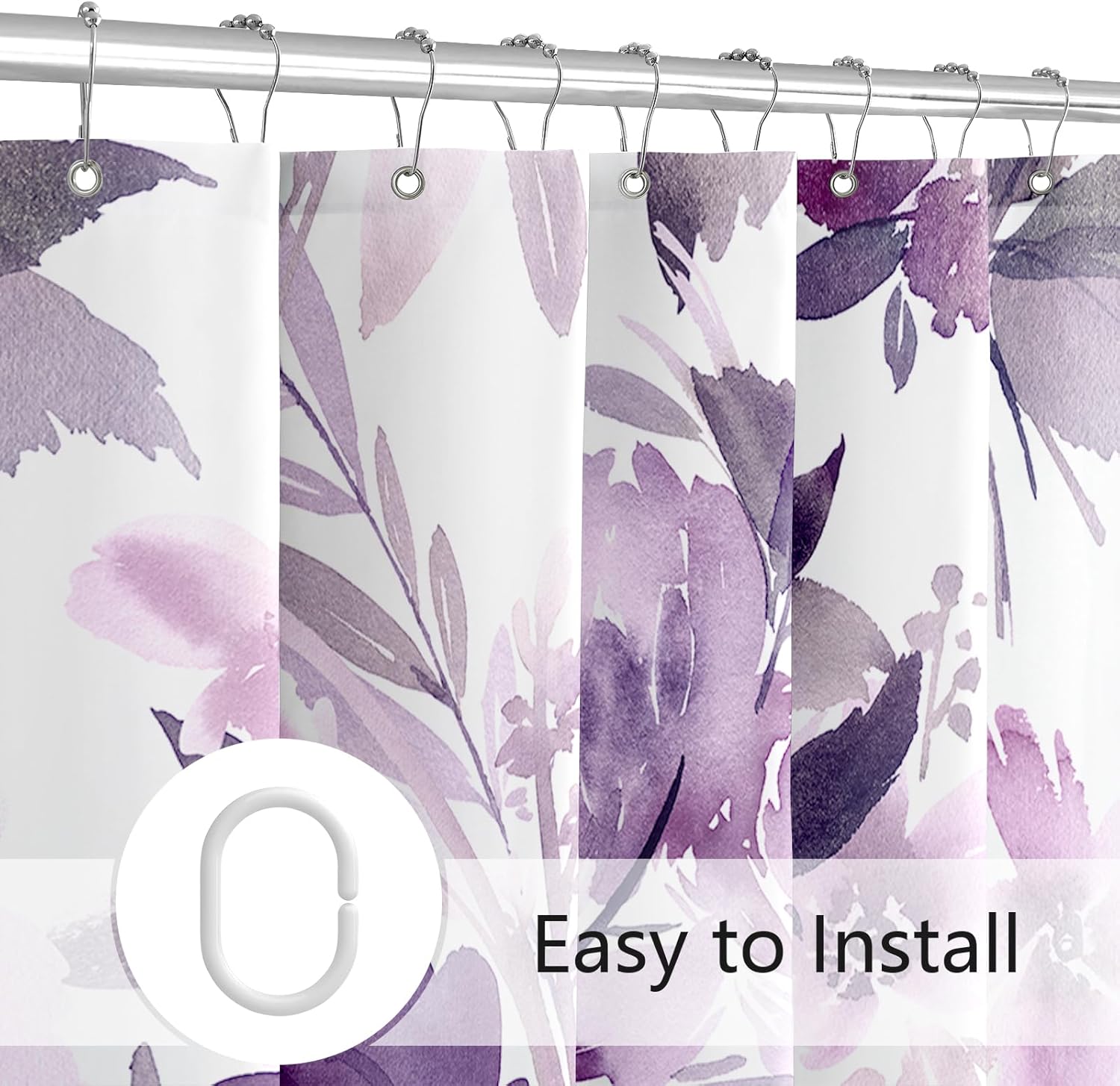 Extra Wide Flower Shower Curtain 108 x 72, Purple Flower Shower Curtains for Claw Foot Tub, Modern Watercolor Floral 108 inch Long Shower Curtain Set with 18 Pack Plastic C-Hooks