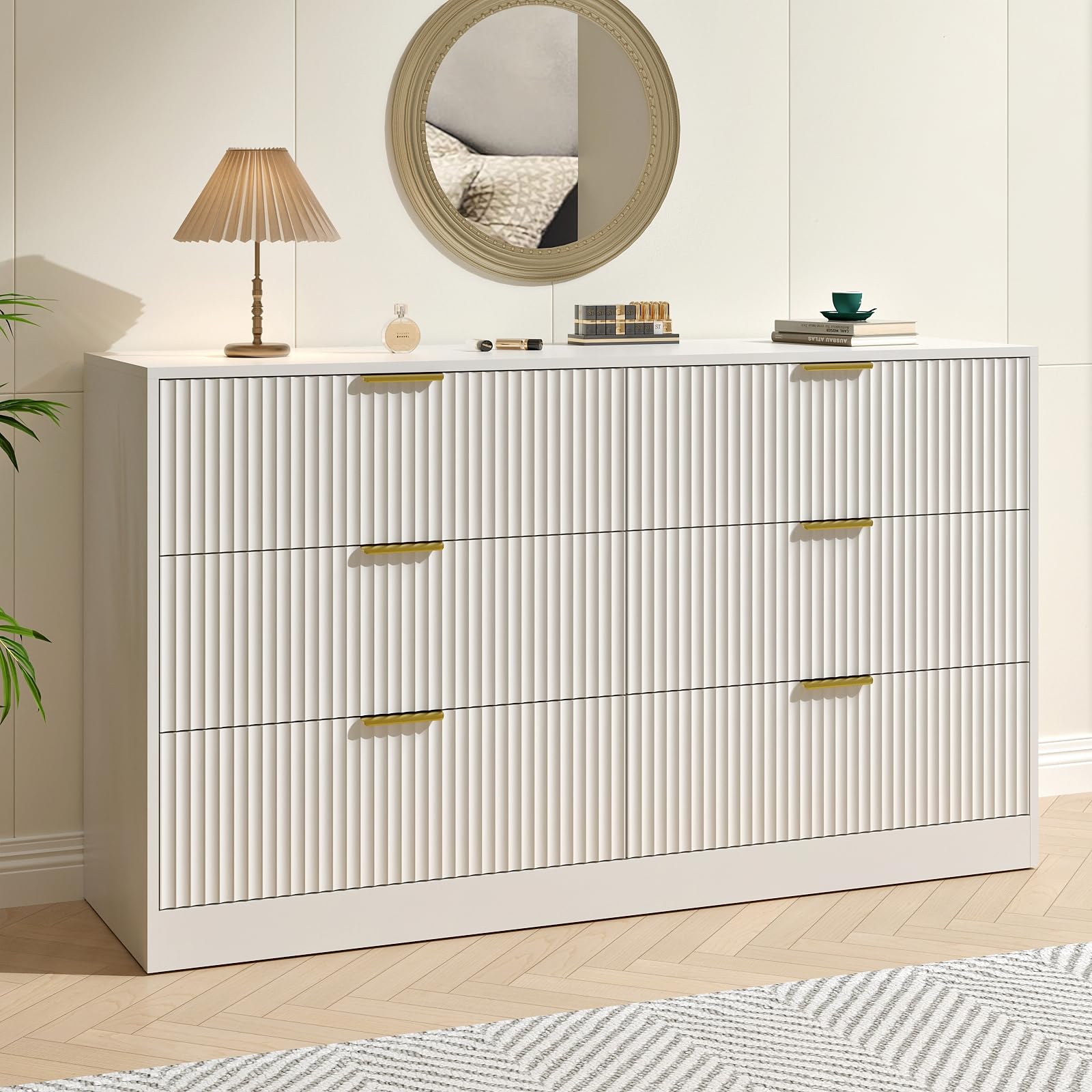 55" Wide Fluted Dresser for Bedroom with 6 Drawers, White