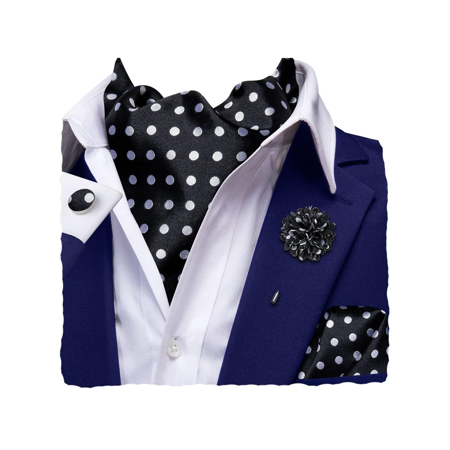 Hi-Tie Silk Ascot for Men Self Tie Men's Cravat and Flower Lapel Pin Handkerchief Cufflinks Set
