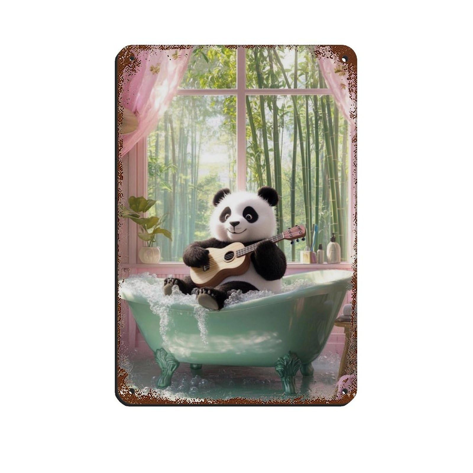 Cute Panda Playing Ukulele, Adorable Animal Tin Sign Vintage Metal Pub Club Cafe Bar Home Wall Art Decoration Poster Retro 8x12inch(20x30cm)