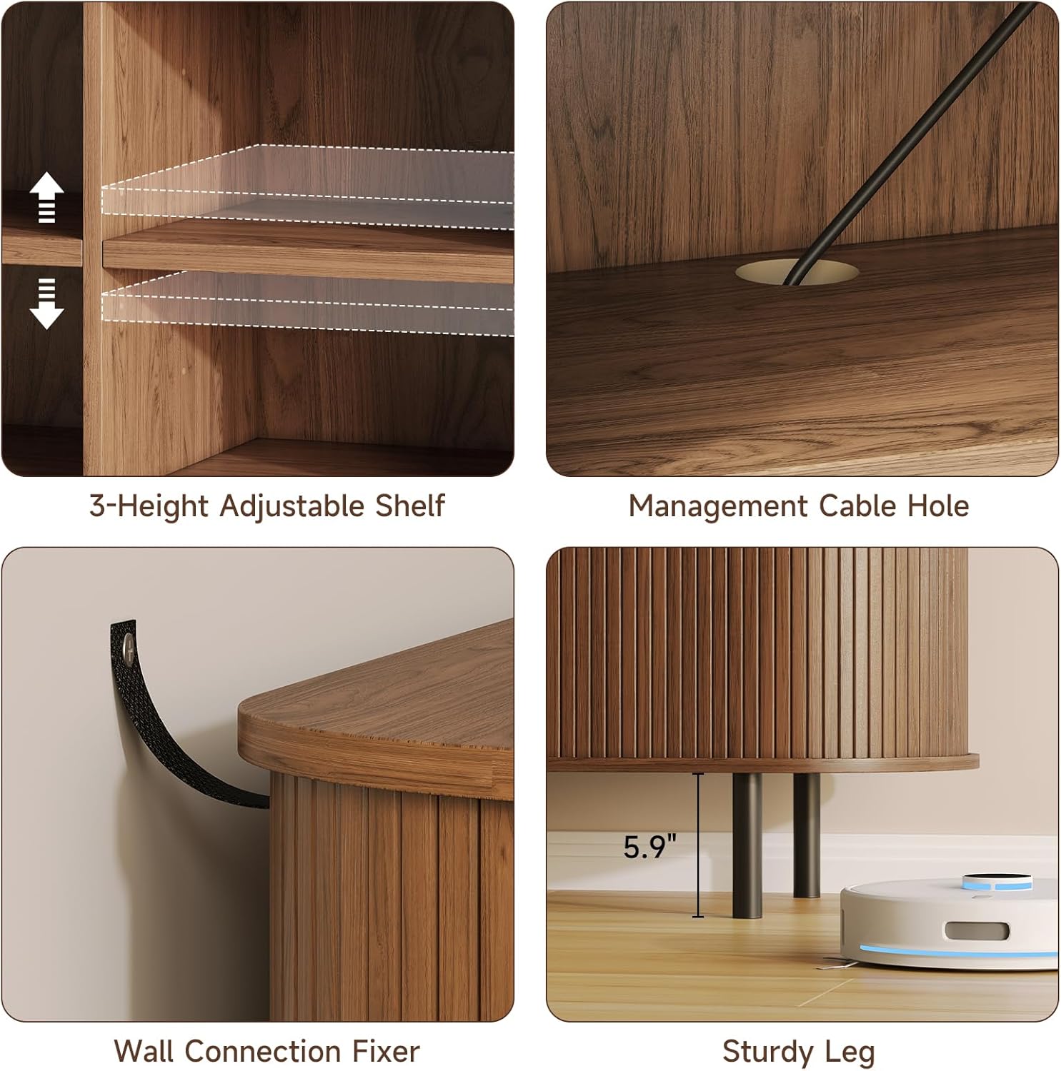 63" TV Stand with Storage for TVs up to 70", Fluted Entertainment Center with Power Outlet, Modern Media Console with Sliding Door, Adjustable Shelves (Walnut, 55 Inch)