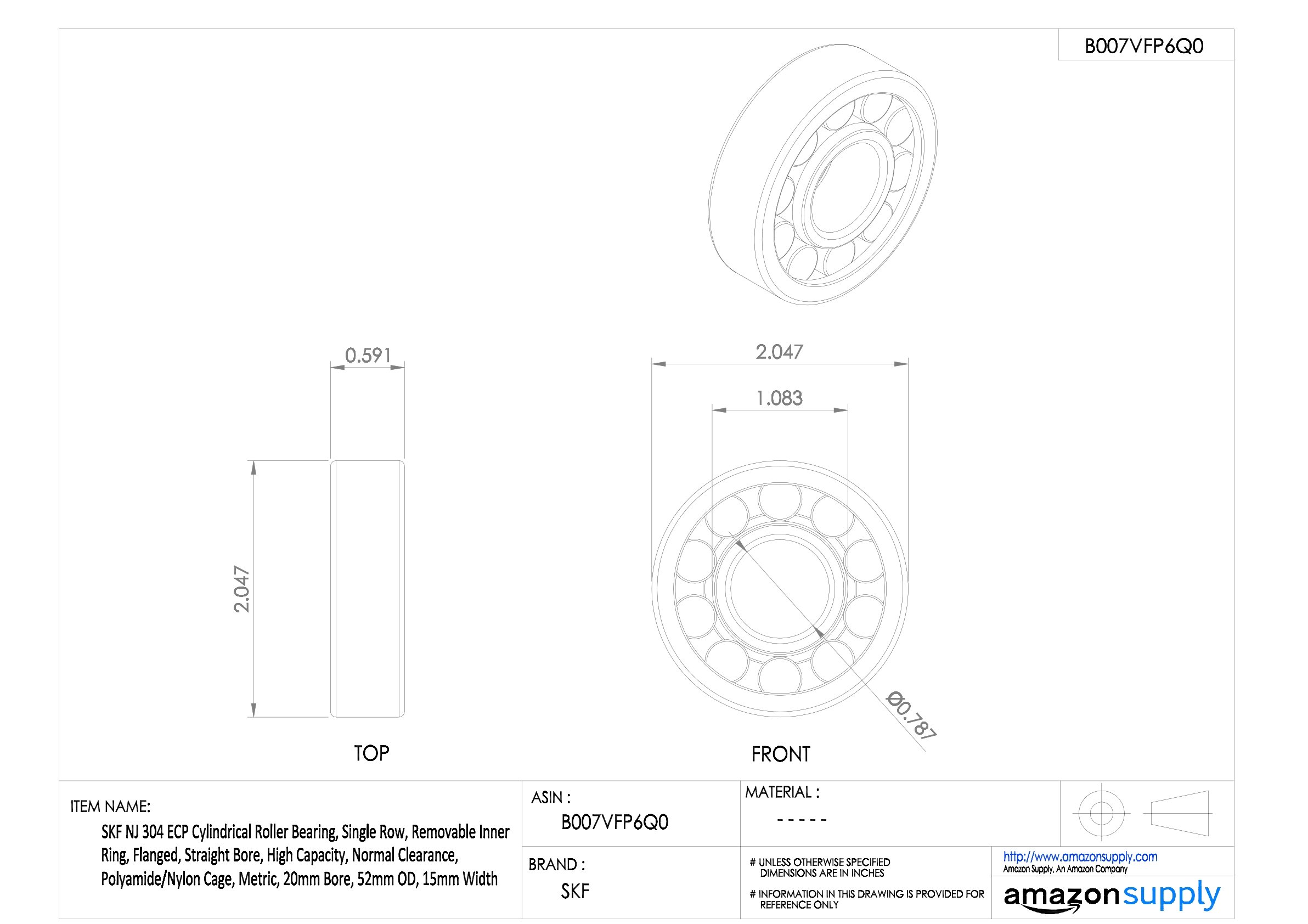SKF NJ 304 ECP Cuscinetto cilindrico radiale a rulli, 20 ID, acciaio cuscinetto