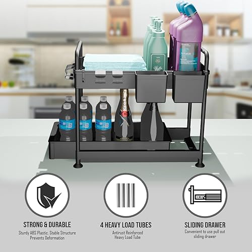 Miniatura 5 de Organizador para debajo del fregadero (paquete de 2)  Cajón extraíble de 2 niveles para debajo del fregadero con 2 tazas colgantes y 6 ganchos,