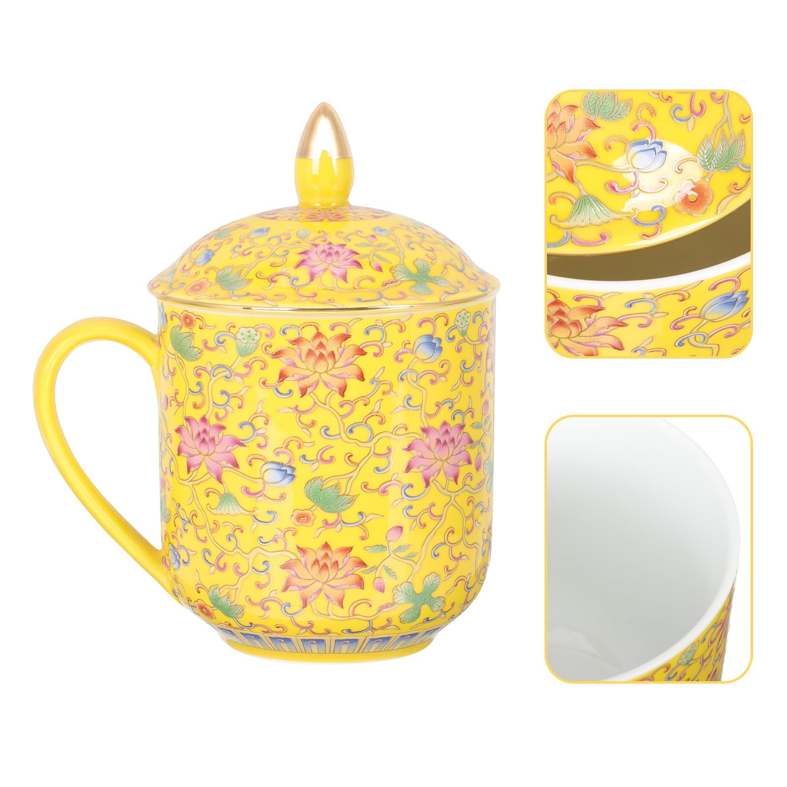 Alasum Chinesische Teetasse mit Deckel aus Keramik, Gelb Retro Klassisch