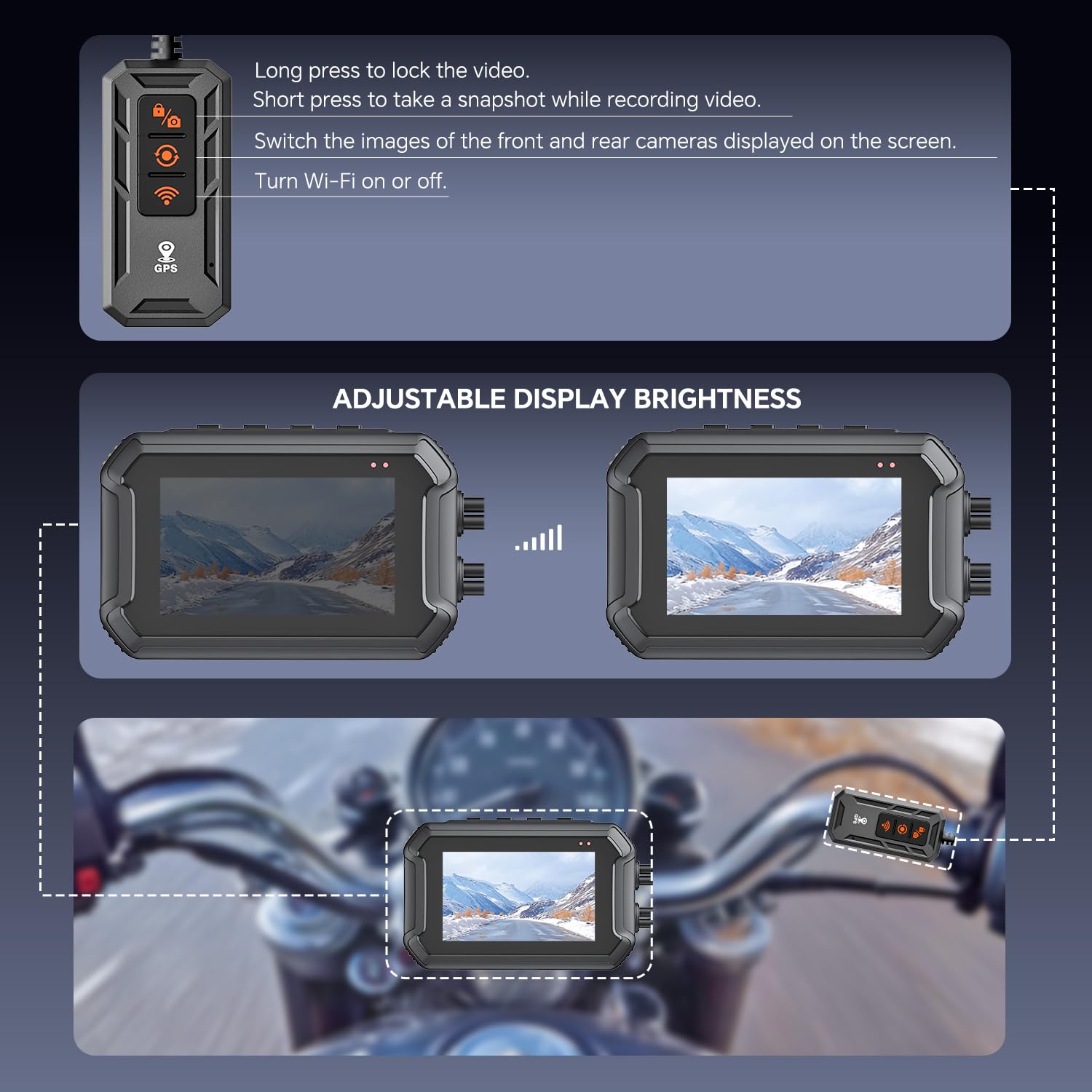 Dashcam Motorrad wasserdicht mit GPS-Logger, 1080P Motorrad Kamera vorne und hinten mit Parküberwachung, App-Steuerung, Fernbedienung, inkl. 64 GB TF-Karte