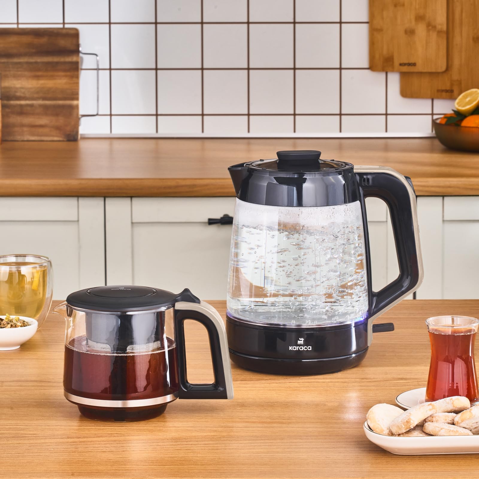 Karaca XL Türkische Teemaschine - 2,2 L Temperaturregelung Elektrisch Wasserkocher & 0,9 L Teekanne mit Sieb - LED-Lichtbenachrichtigung - 1900 W Multifunktionale Teekocher - Cremefarbig