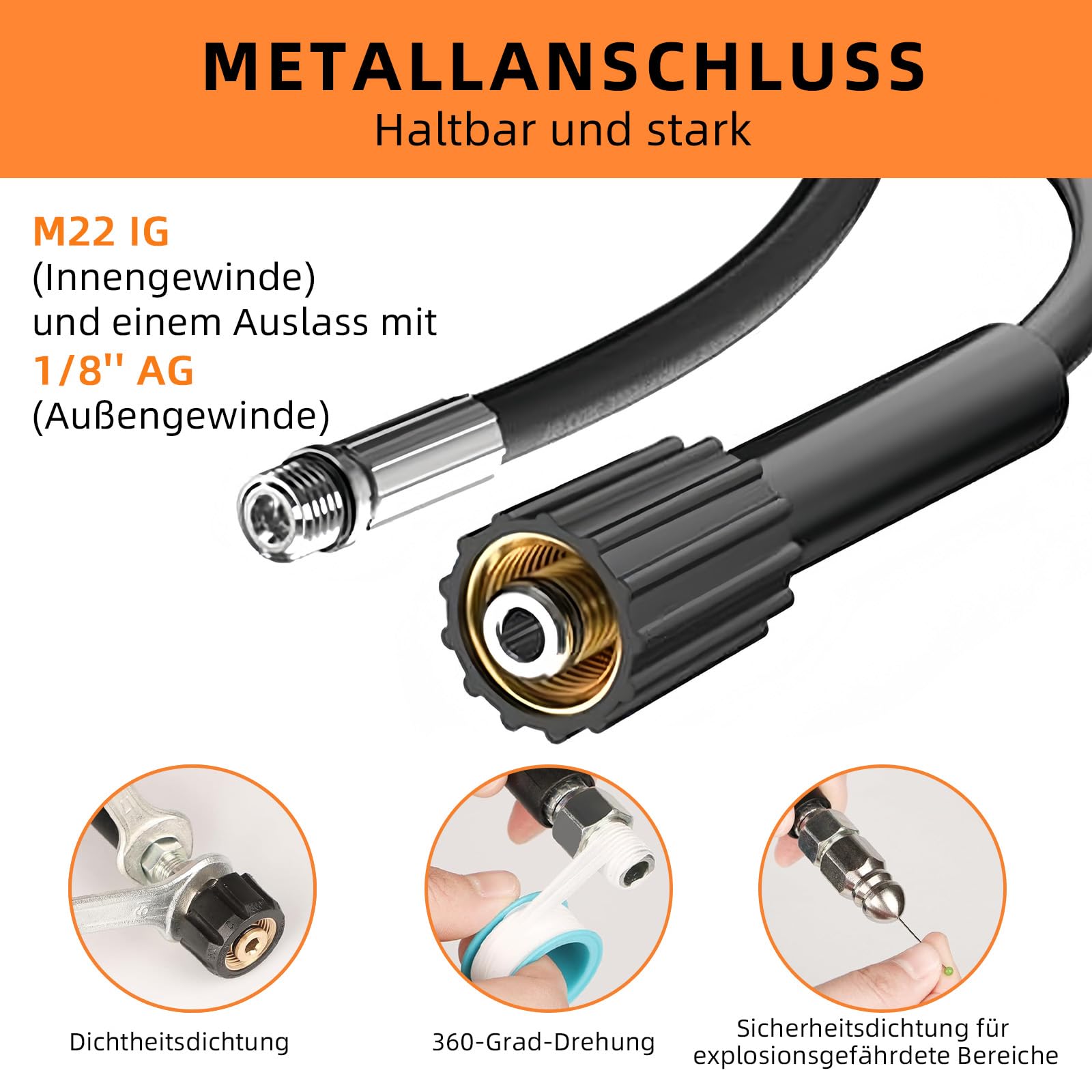 Rohrreinigungsschlauch 15m – Kompatibel mit Kärcher, Bosch & Parkside Hochdruckreiniger – Premium Rohrreinigungsset mit rotierender Düse & Meter-Markierungen für Abfluss, Rohr & Co.