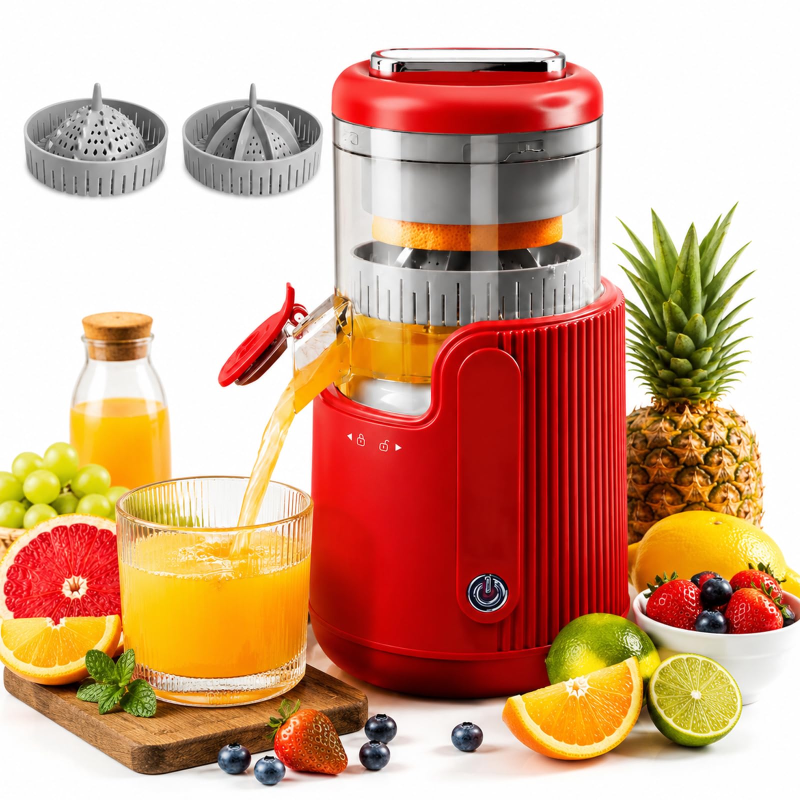 Spremiagrumi elettrico, 2 coni e motore a 360 gradi | Spremifrutta portatile potente, macchina ricaricabile tramite USB/facile da pulire per il campeggio(red)