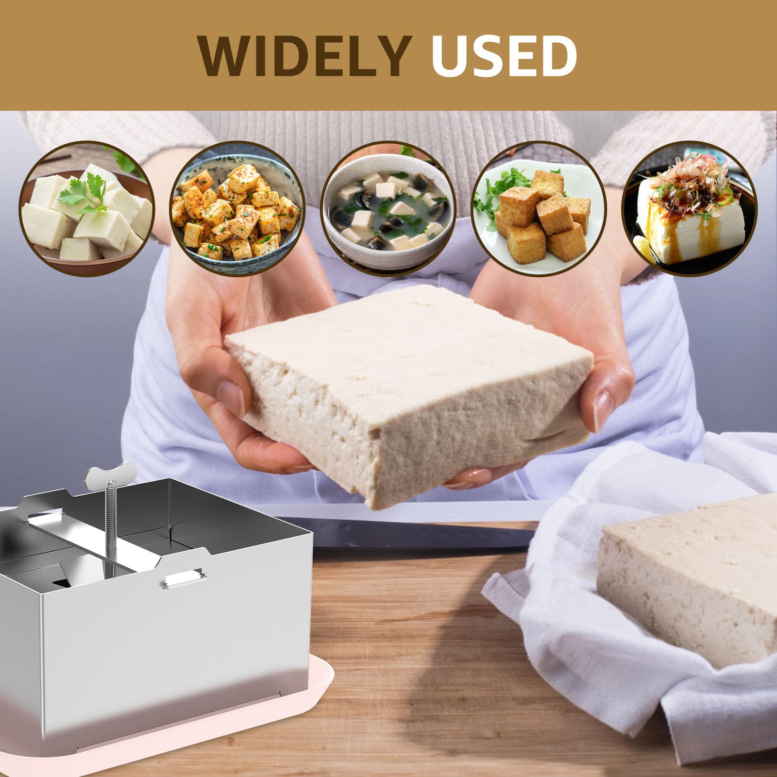 Prasa do Tofu, Prasa do Sera ze Stali Nierdzewnej 304, Regulowana Maszyna do Paneer z Otworem Odpływowym i Tacą Ociekową, 16x12x9 CM Forma do Wyrobu Paneer do Domowego Twardego Sera Tofu