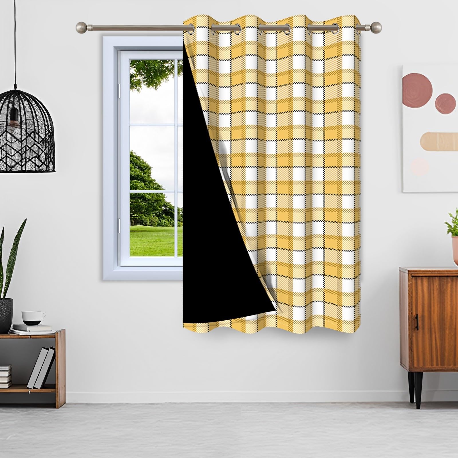 ggaimwf 42"x 63" Plaid Eyelet Curtain Yellow White Check Retro Gingham Rustic Farmhouse Style Thermal Grommet Room Dividers Blackout Window Drapes for Bedroom Cafe Kitchen Living Room,1-Single Panel - Image 4