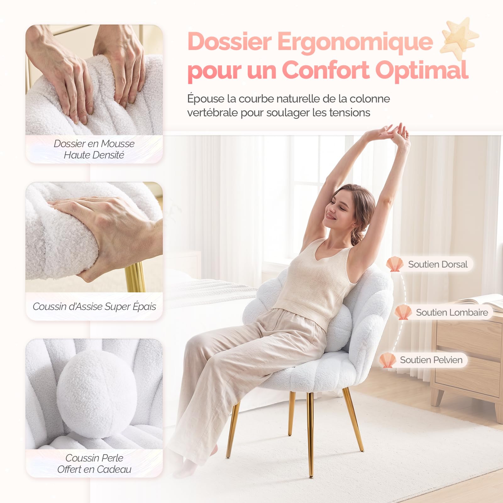 Bonnlo Fauteuil Salon avec Dossier Coquillage, Fauteuil de Maquillage Mignon, Chaise Coiffeuse Élégante, Siège de Salon avec Coussin Perle, Fauteuil Coiffeuse pour Salon, Chambre, en Teddy, Blanc