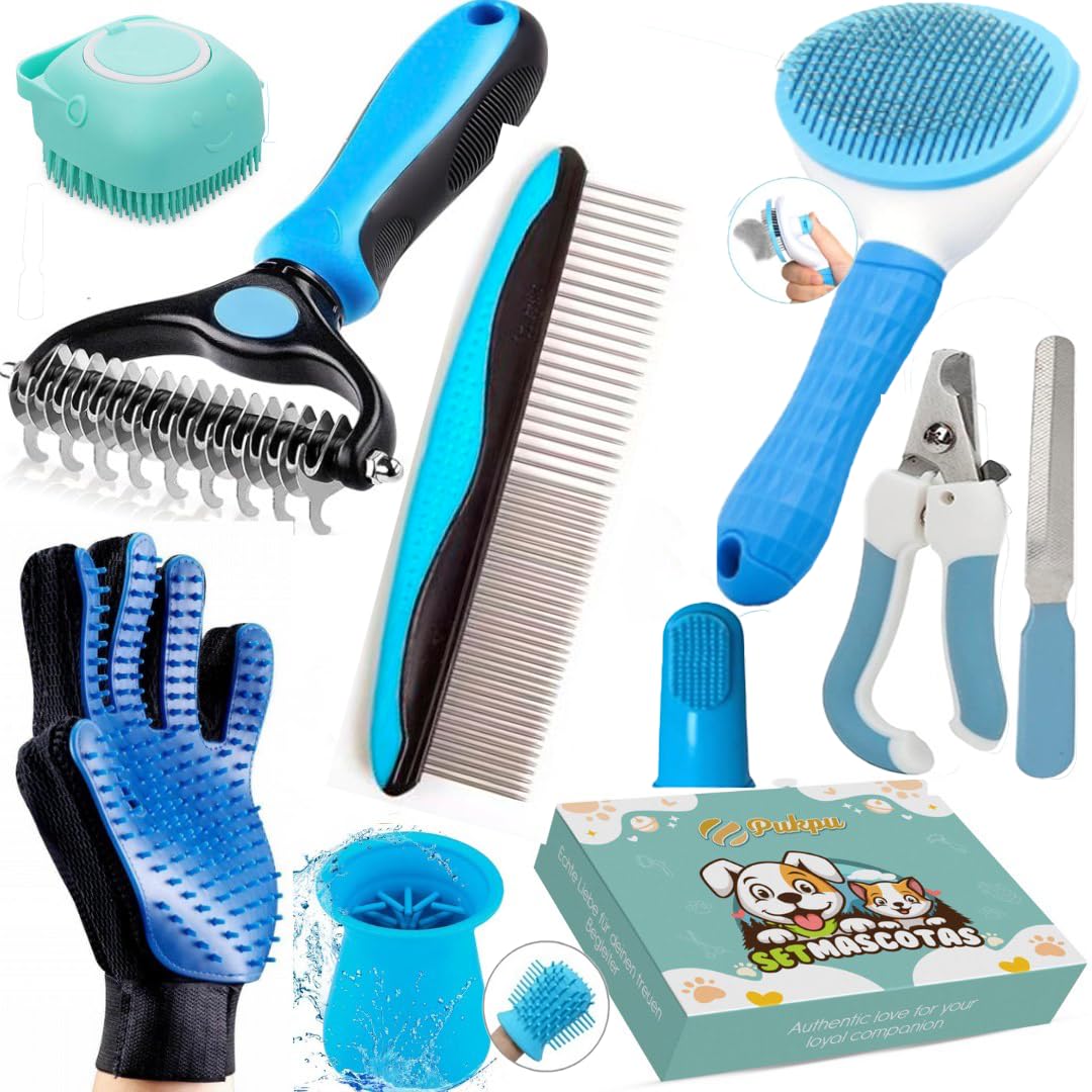 Kit Toilettage Chien Chat 9 Pièces – Brosse Chien, Brosse Chat, Gant Poil, Coupe Ongle, Lave Pattes et Accessoires Toilettage